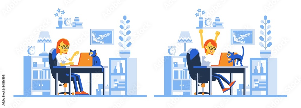 Working remotely woman in workspace with laptop. Happy Joyful girl in home office with computer. Vector illustration. Working remotely woman in workspace with laptop. Happy Joyful girl in home office with computer. Vector illustration.
