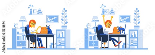 Working remotely woman in workspace with laptop. Happy Joyful girl in home office with computer. Vector illustration.