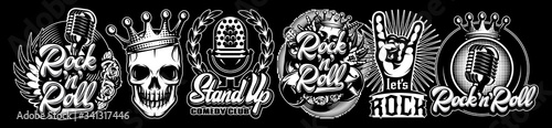 Vector set of print template on the theme of music with microphone, wing, vinyl, rose and others