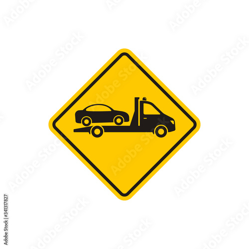 Tow truck road sign, Towing truck van with car icon. Vector isolated flat illustration