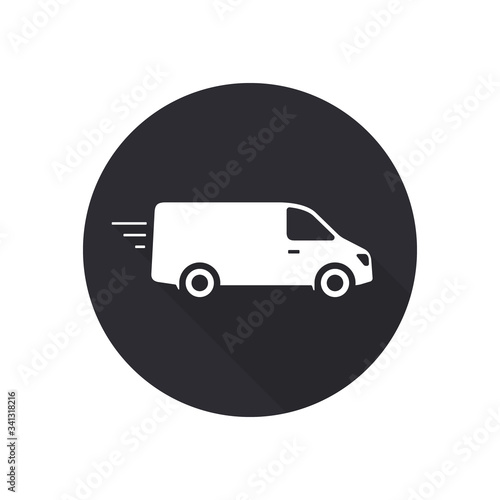 Delivery Van truck icon, minibus isolated on black round background with long shadow. Vector flat illustration