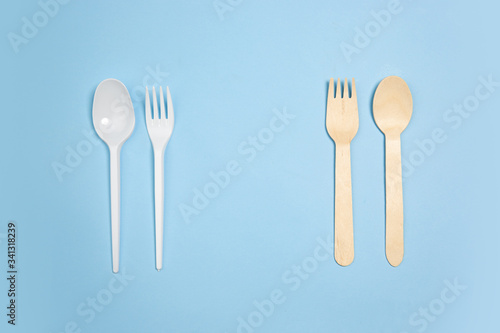 Spoons and forks. Eco-friendly life - organic made recycle things in compare with polymers, plastics analogues. Home style, natural products for recycle and not harmful to the environment and health.
