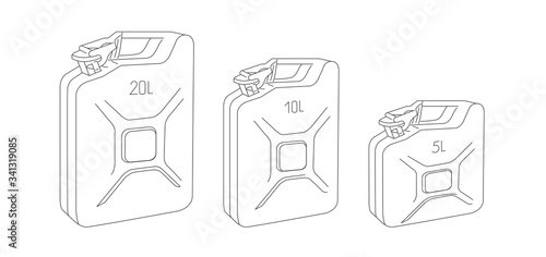 Set of line Oil Canister for motor oil and Barrel oil isometric linear illustration icon of 20 10 and 5 litres