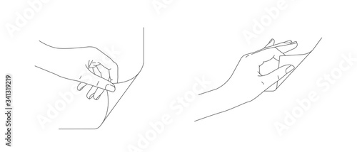 Hand turn or fold the corner of the page, line illustration of homan hands in motion gesture set