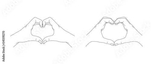 Male and female hands making a heart gesture from fingers  line illustration of love symbol  sketch graphic