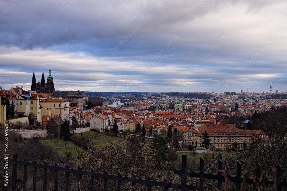 Cityscape of Prague from a hill behind the castle (Prague, Czech Republic, Europe)