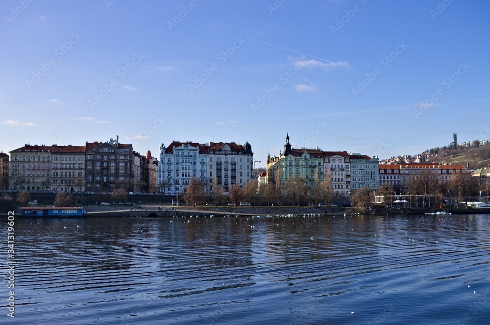 Fototapeta premium Traditional bohemian buildings along the Vltava river (Prague, Czech Republic, Europe)