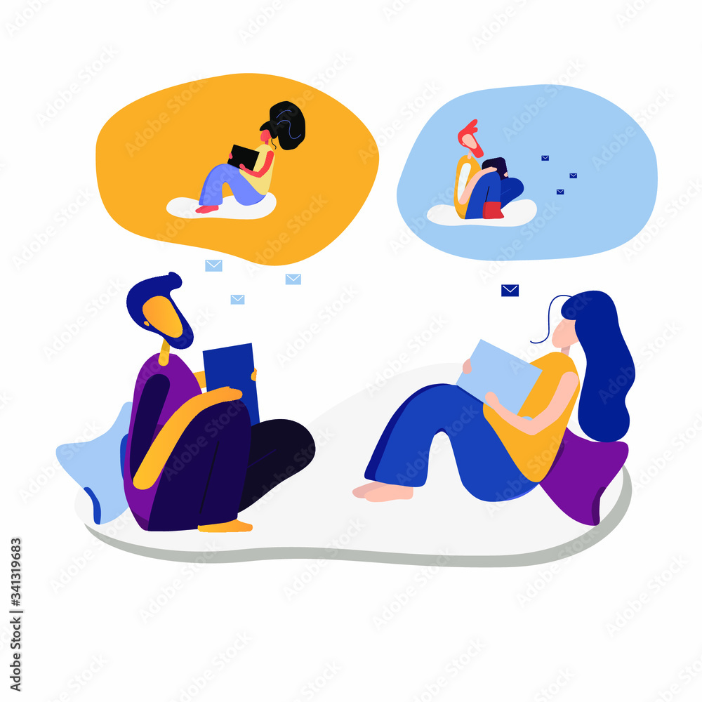 Virtual relationships, online Dating, and the concept of social networks. Couple is sitting with gadgets. Love. Vector illustration in flat design style.