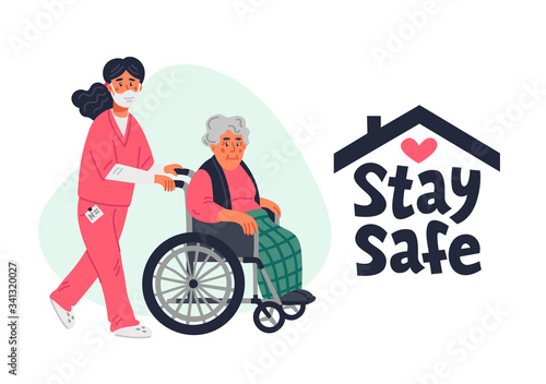 Senior patient protection, stay safe concept. An elderly woman in a wheelchair and nurse in a face mask on a white background. Simple flat vector horizontal illustration.