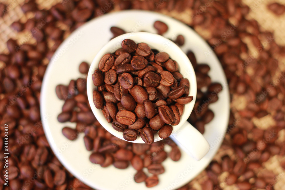 Closeup of dark roasted coffee beans in white cup for espresso. Object, top view, blurred background. Agriculture, coffee shop, roast concept Closeup of dark roasted coffee beans in white cup for espresso. Object, top view, blurred background. Agriculture, coffee shop, roast concept