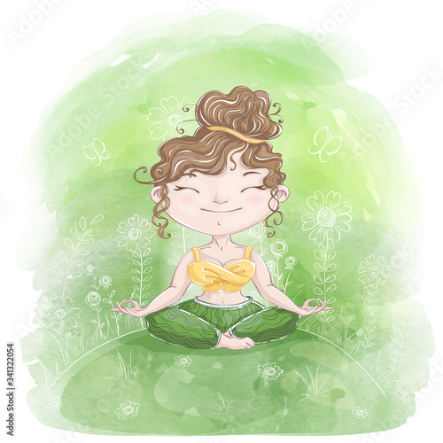 Pretty girl meditates in lotus asana on nature. The calm atmosphere of the forest. Hand drawing sketch flowers on a green watercolor background.