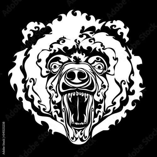 big head of an evil bear on a black background in white style, isolated object on a white background, vector illustration,