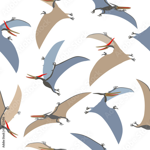 seamless pattern of a prehistoric reptile of the Jurassic period  flying grey pterodactyl with wings and a crest  color vector illustration isolated on white background in cartoon and hand drawn style