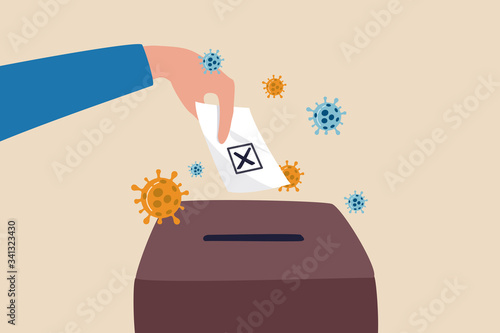 Coronavirus COVID-19 impact presidential election, politician campaign due to pandemic disease concept, hand with blue shirt holding election voting card inserting to the box, virus pathogen around.