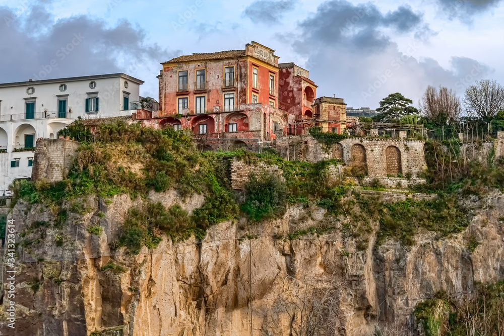 View of cliff coast in Sorrento town in southern Italy 