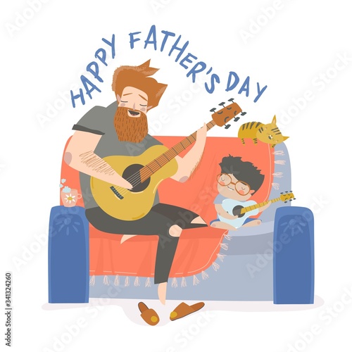Vector illustration of father playing guitar with his son