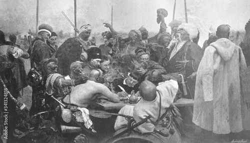 Reply of the Zaporozhian Cossacks to Sultan Mehmed IV of the Ottoman Empire by Ilya Repin in the old book The European Pictures, 1894, London