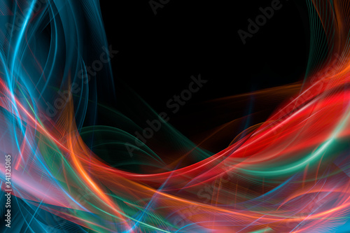 Multi-colored smoky waves on a black background. Creative abstract background with place for text, copy space.