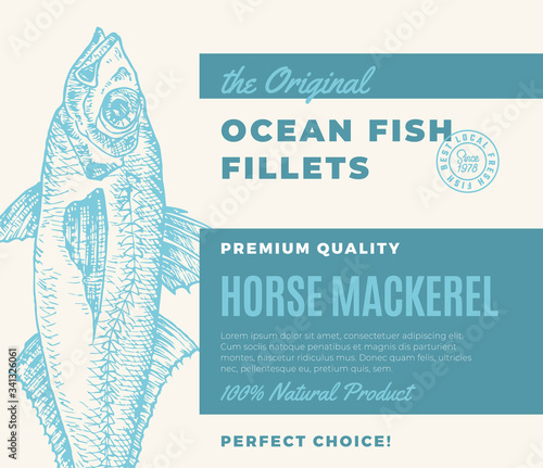 Premium Quality Fish Fillets. Abstract Vector Fish Packaging Design or Label. Modern Typography and Hand Drawn Horse Mackerel Silhouette Background Layout