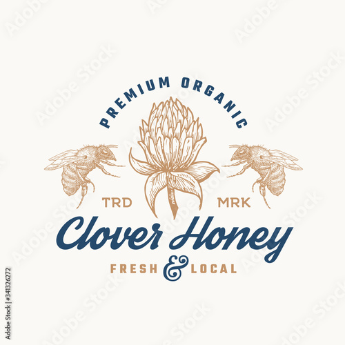 Premium Organic Honey Sign  Symbol or Logo Template. Hand Drawn Bee and Clover Flower Sketch with Retro Typography. Fresh Local Apiary Vintage Emblem with Background.