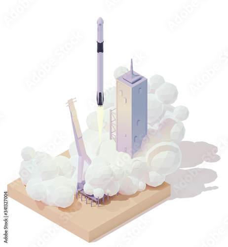 Vector isometric space rocket launch. Modern spaceship launch pad. Rocket lifts off from the launch platform