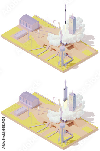 Vector isometric space rocket launch complex infographic. Modern spaceship on the launch pad. Rocket lifts off from the launch platform. Buildings and spaceport infrastructure