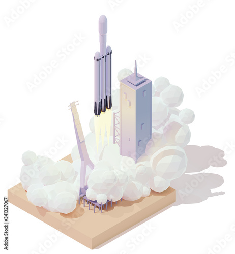 Vector isometric heavy space rocket launch. Modern spaceship launch pad. Rocket lifts off from the launch platform
