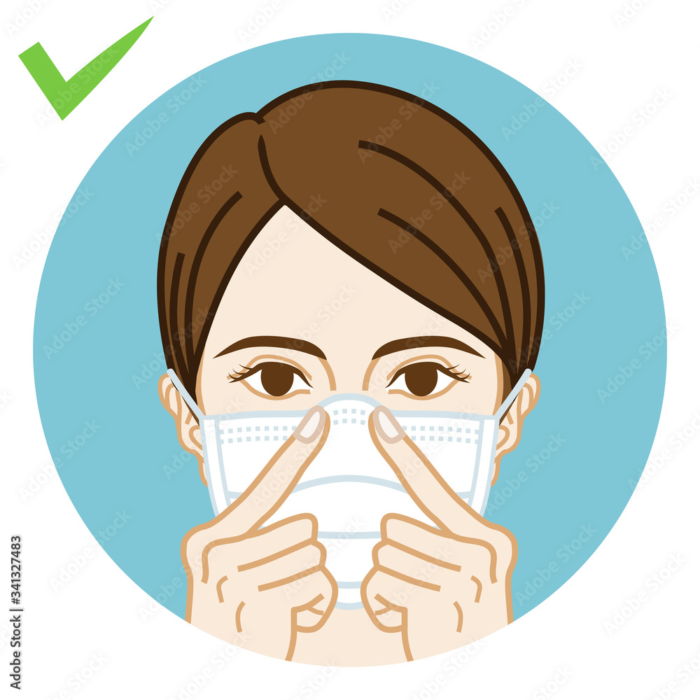 Young woman wearing a face mask correctly, fitting in a nose line - Circular icon Young woman wearing a face mask correctly, fitting in a nose line - Circular icon