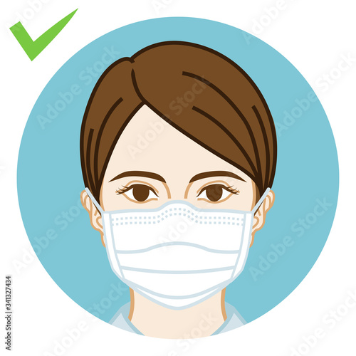 Young woman wearing a face mask correctly - front view, circular clip art