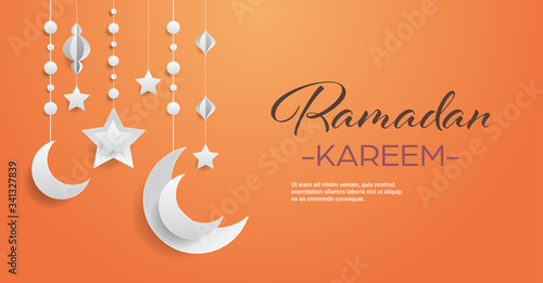 ramadan kareem muslim religion holy month greeting card with moons and stars flat horizontal copy space vector illustration