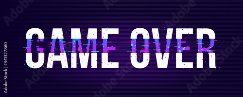 Game over banner for games with glitch effect in pixel style. Play again . Neon light on text. Vector illustration design.
