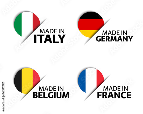 Set of four Italian, German, Belgian and French stickers. Made in Italy, Made in France, Made in Germany and Made in Belgium. Simple icons with flags isolated on a white background Free Download Set of four Italian, German, Belgian and French stickers. Made in Italy, Made in France, Made in Germany and Made in Belgium. Simple icons with flags isolated on a white background - GFXLoad