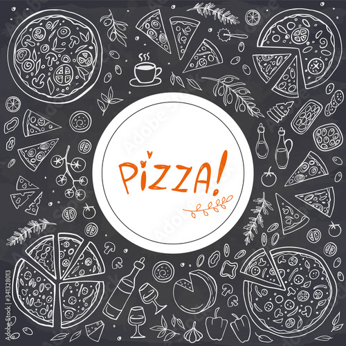 Italian pizza and ingredients on chalkboard. Vector illustration. Perfect for food menu design template.
