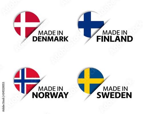 Set of four Danish, Finnish, Norwegian and Swedish stickers. Made in Denmark, Made in Finland, Made in Norway and Made in Sweden. Simple icons with flags isolated on a white background