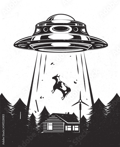 UFO poster vintage. Aliens abduct a cow from a farm. House with windmill mill in forest. Black and white design. Vector illustration.