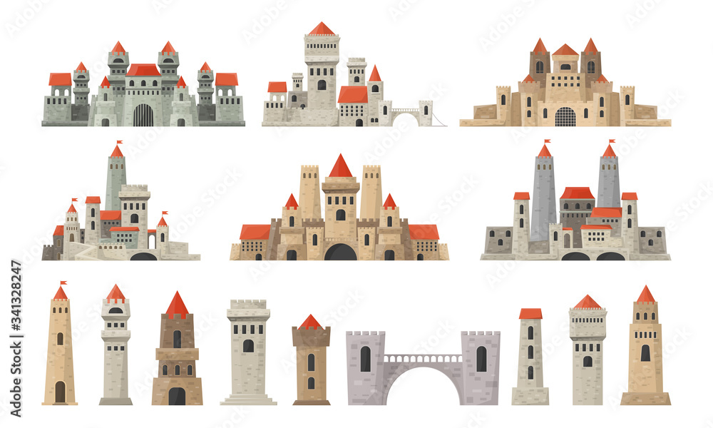 Castle towers big set. Kingdom on white background. Fortresses buildings.  Medieval Palace in cartoon style. Collection in vector.