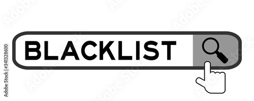 Search banner in word black list with hand over magnifier icon on white background