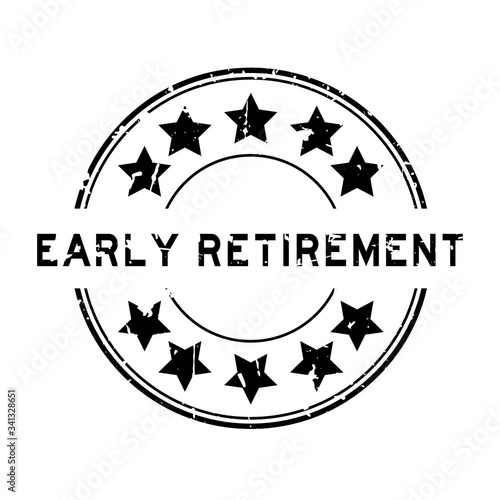 Grunge black early retirment word with star icon round rubber seal stamp on white background