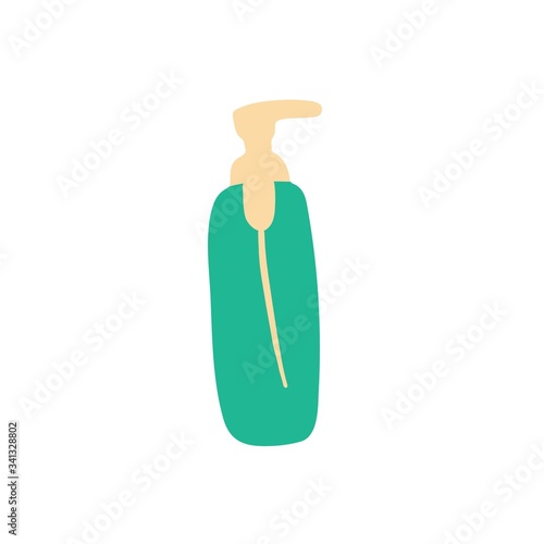 Cosmetic bottle with dispenser pump for gel, lotion, cream, shampoo, bath foam. Beauty product package, vector illustration. Hand drawn graphic.