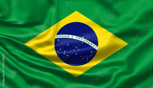 Realistic flag. Brazil flag blowing in the wind. Background silk texture. 3d illustration.