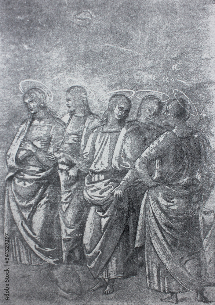 Fototapeta premium Six apostles by Pietro Perugino in the vintage book Leonardo da Vinci by A.L. Volynskiy, St. Petersburg, 1899
