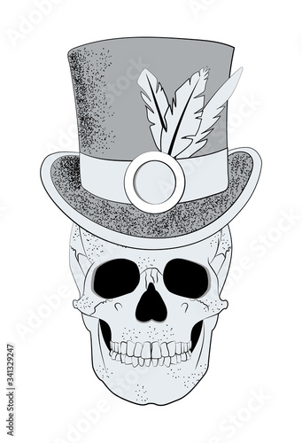 Monochrome vector skull in top hat with feathers isolated on white background 