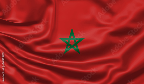 Realistic flag. Morocco flag blowing in the wind. Background silk texture. 3d illustration.