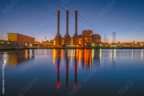 Reflections of the Narragansett Electric power plant in Providence, Rhode Island. photo