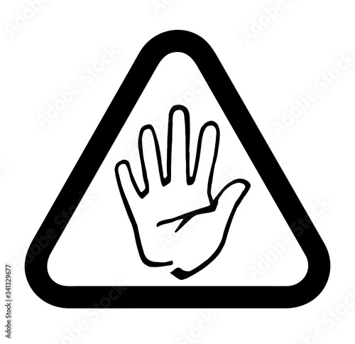 Danger warning sign hand. Hand gesture. Hazard warning sign with hand in sketch style. Vector isolated illustration Icon of danger, warning, attention, ban. Hand drawn vector illustration.
