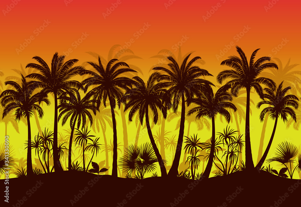 Exotic Horizontal Seamless Landscape, Palm Trees and Tropical Plants Black Silhouettes on Orange and Yellow Background. Vector