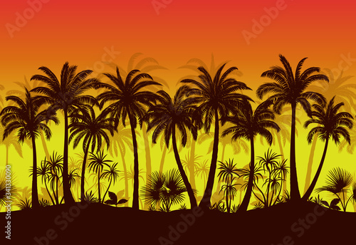 Exotic Horizontal Seamless Landscape, Palm Trees and Tropical Plants Black Silhouettes on Orange and Yellow Background. Vector © oksanaok