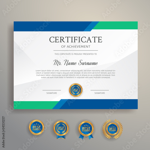 Blue and green certificate template border with gold badges vector for business and legal document printing