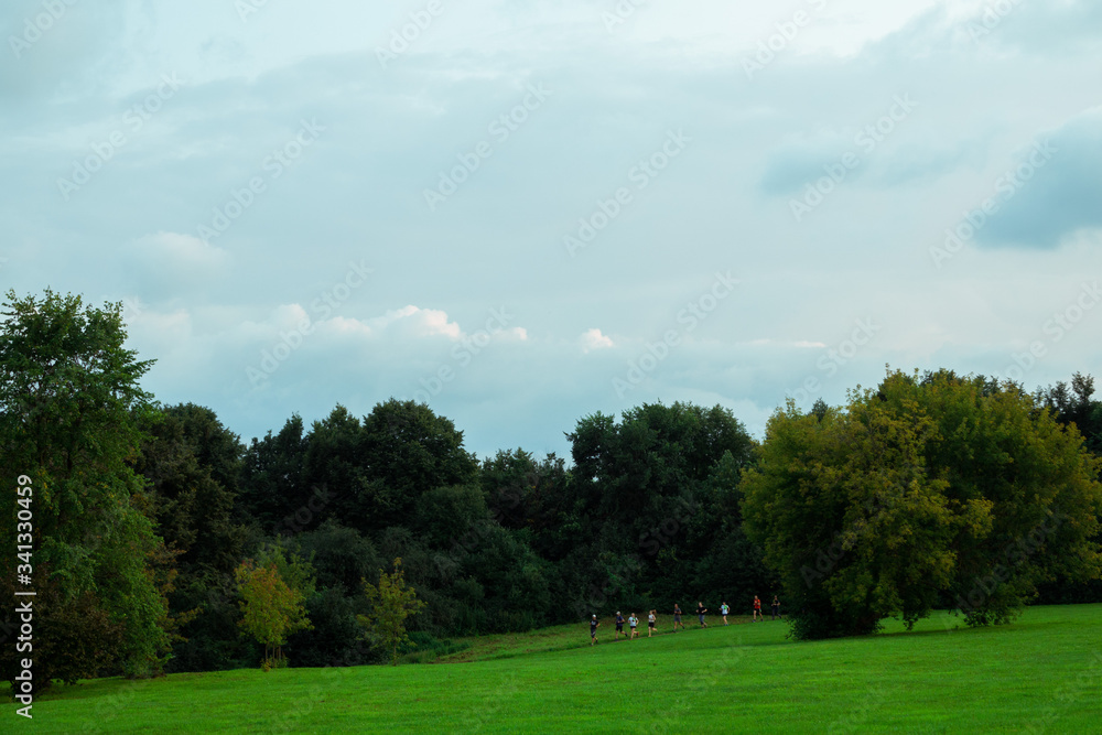 Naklejka premium Moscow Russia - 07 26 2019: group of people running workout in Kolomenskoye Park on cloudy summer day.