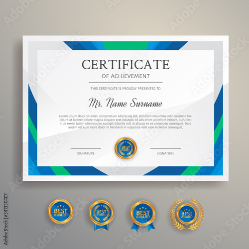 Blue and green certificate template border with gold badges vector for business and legal document printing